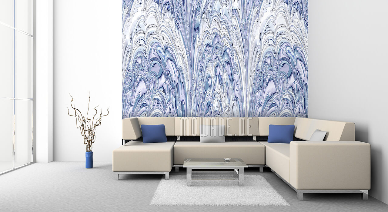 wandbelag pastell-blau weiss fontaenen tapete lounge
