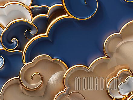 extravagantes tapetendesign blau gold wolken